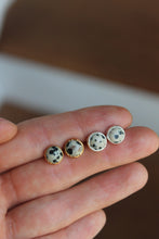 Load image into Gallery viewer, Silver and 14k Gold Electroformed Dalmatian Jasper Studs