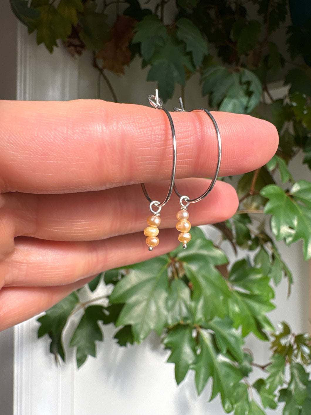 Dangly Sterling Silver + Peach Pearl Hoops