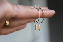 Load image into Gallery viewer, Dangly Sterling Silver + Peach Pearl Hoops
