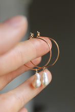 Load image into Gallery viewer, Dangly 14k Gold Fill + Pearl Hoops
