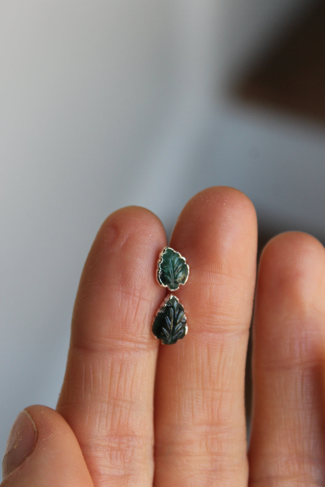 Silver Electroformed Carved Leaf Bicolor Tourmaline Stud Earrings