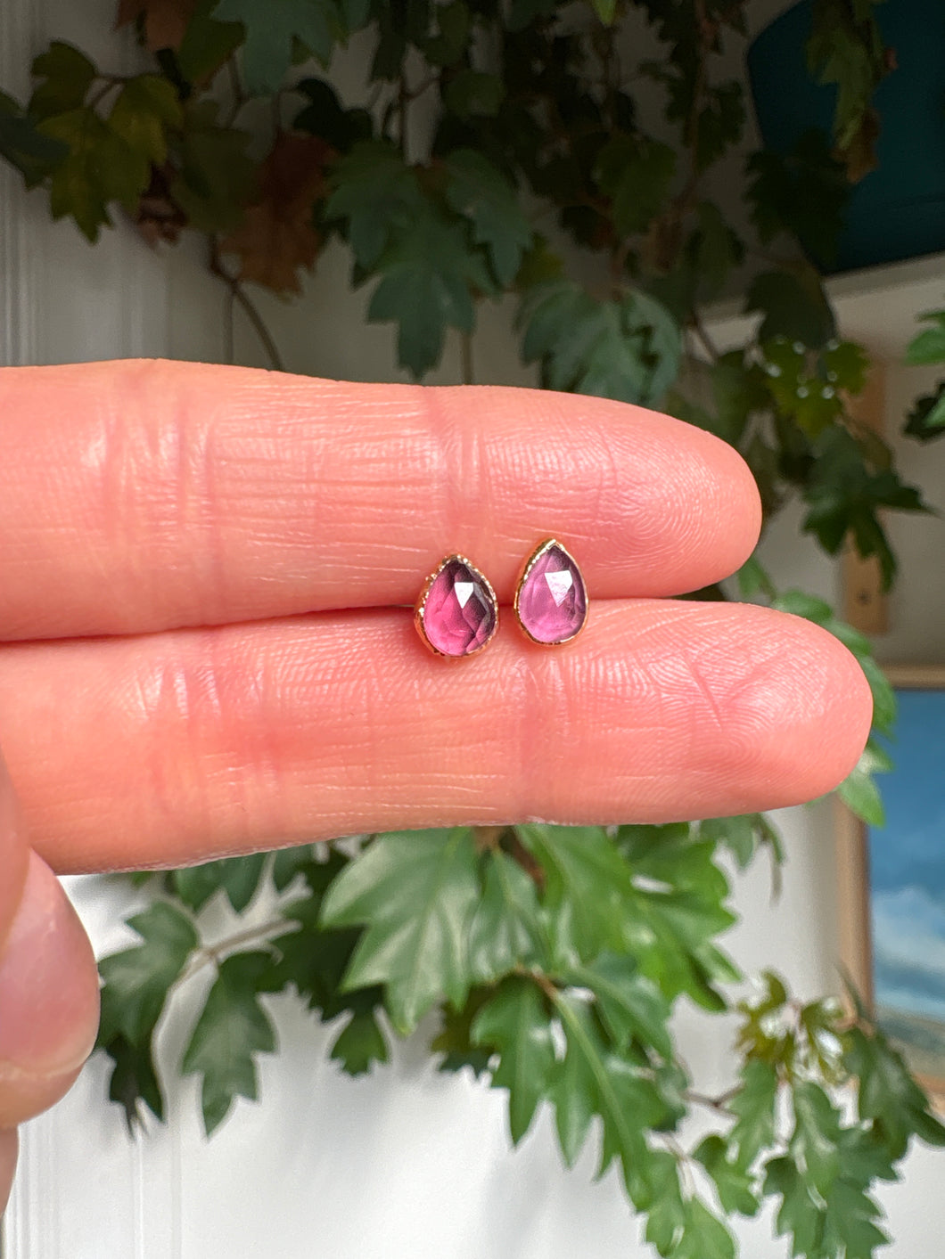 14k Gold Electroformed Pink Rhodolite Studs