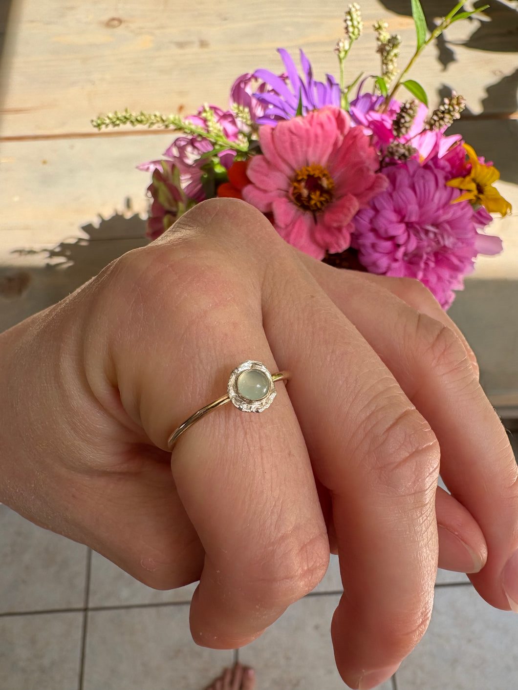 Aqua Chalcedony + Water Cast Ring (Size 8.5)