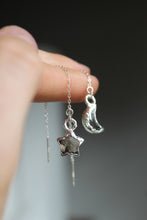 Load image into Gallery viewer, Silver Electroformed Moon + Star Quartz Threader Earrings
