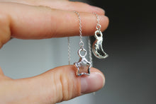 Load image into Gallery viewer, Silver Electroformed Moon + Star Quartz Threader Earrings
