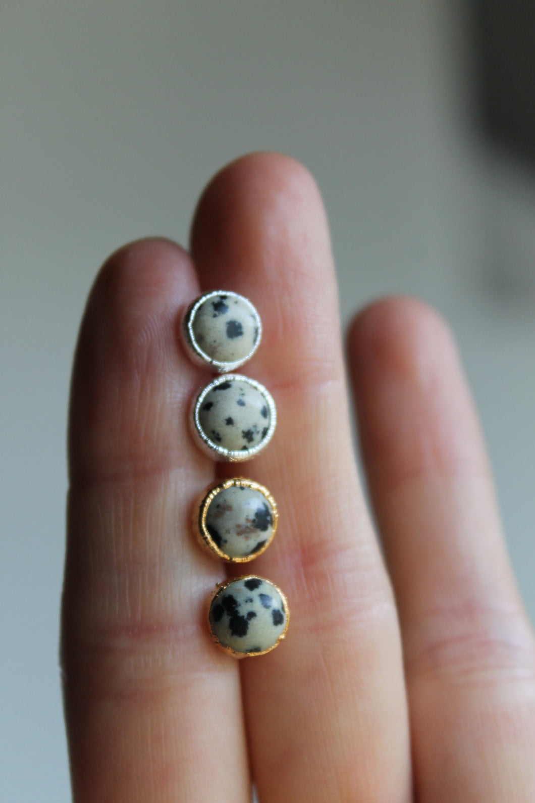 Silver and 14k Gold Electroformed Dalmatian Jasper Studs