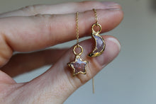 Load image into Gallery viewer, 14k Gold Sphere Strawberry Quartz Electroformed Threader Earrings
