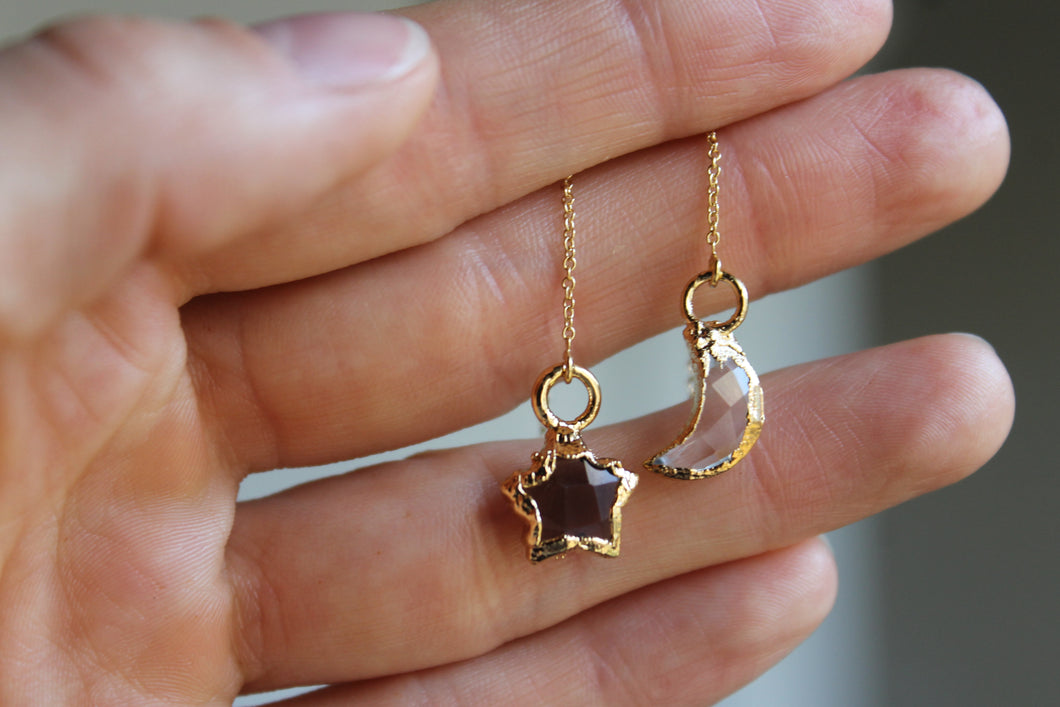 14k Gold Electroformed Multifaceted Moon & Star Threader Earrings