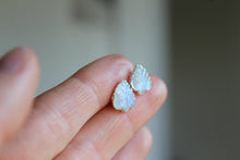 Load image into Gallery viewer, 14k Gold Carved Leaf Rainbow Moonstone Stud Earrings
