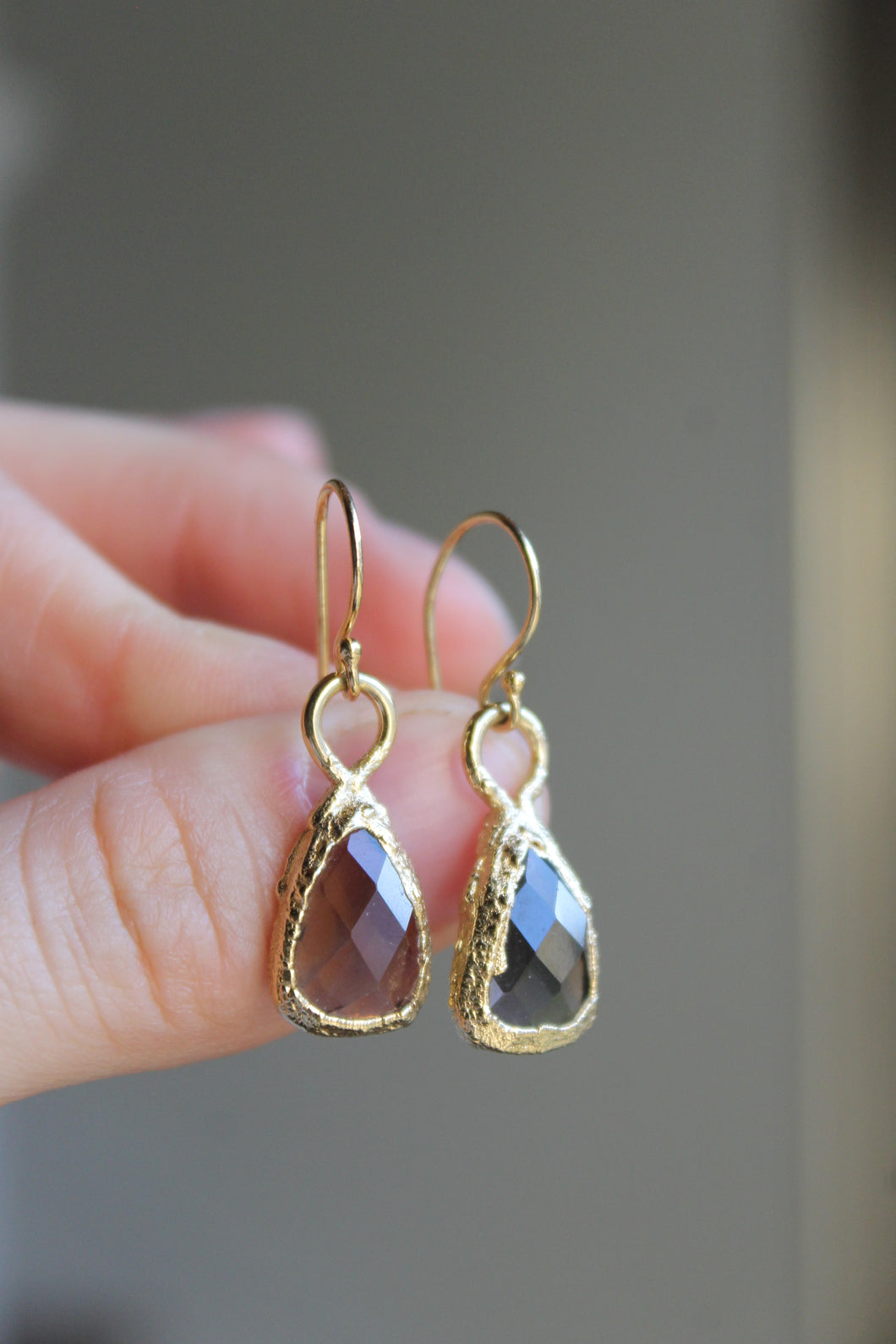 14k Gold Electroformed Dangly Smoky Quartz Earrings