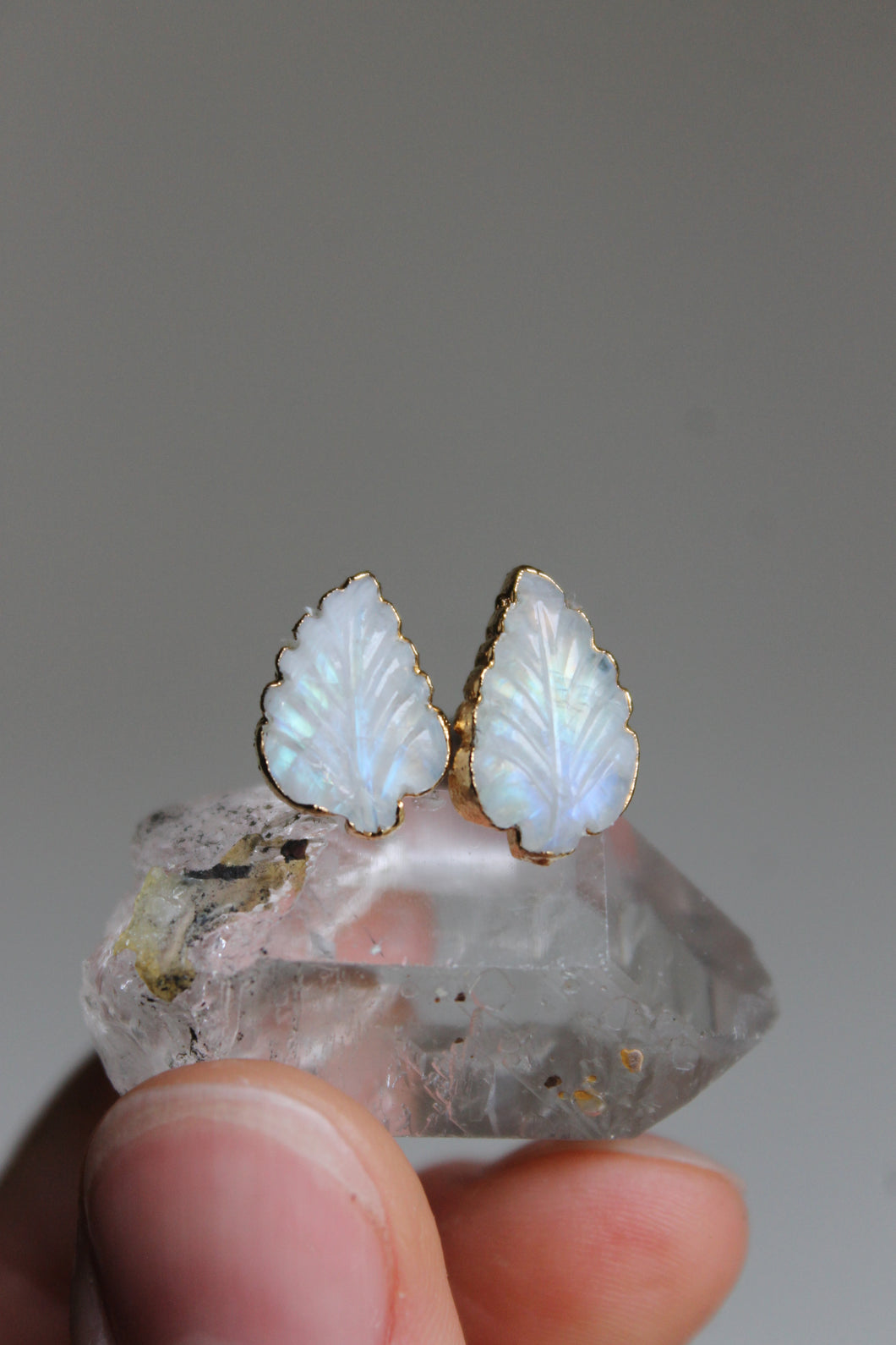 14k Gold Carved Leaf Rainbow Moonstone Stud Earrings