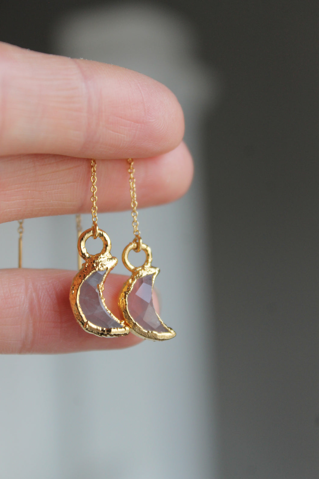 14k Gold Electroformed Multifaceted Moon Threader Earrings