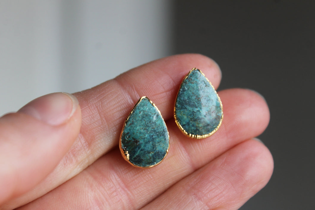 14k Gold Electroformed Turquoise Teardrop Stud Earrings